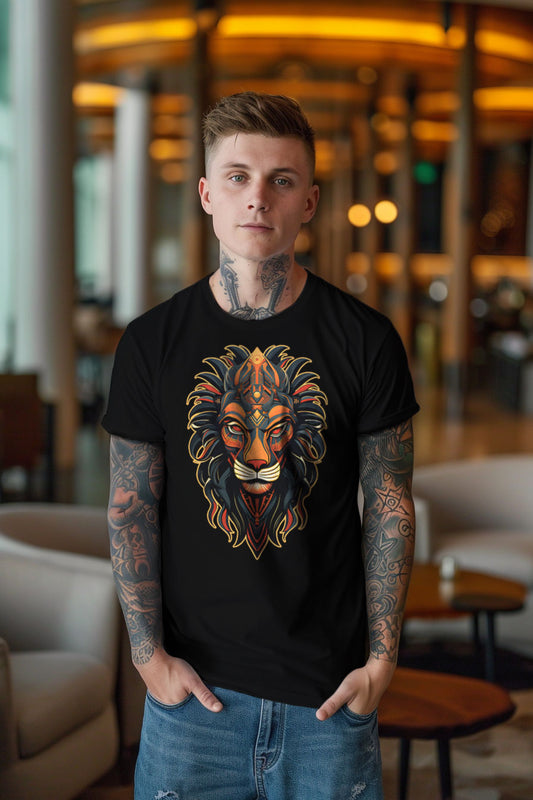 young tattooed man wearing a black graphic t-shirt featuring a Lion head print