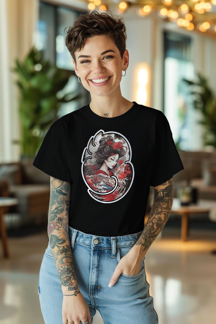 young tattooed woman wearing a black t-shirt featuring a Geisha print