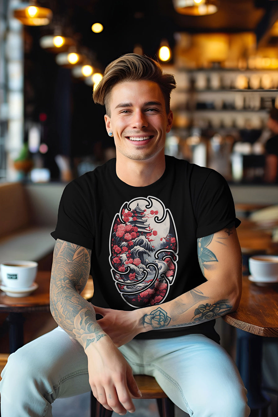 young tattooed man wearing a black graphic t-shirt featuring a Pagoda print