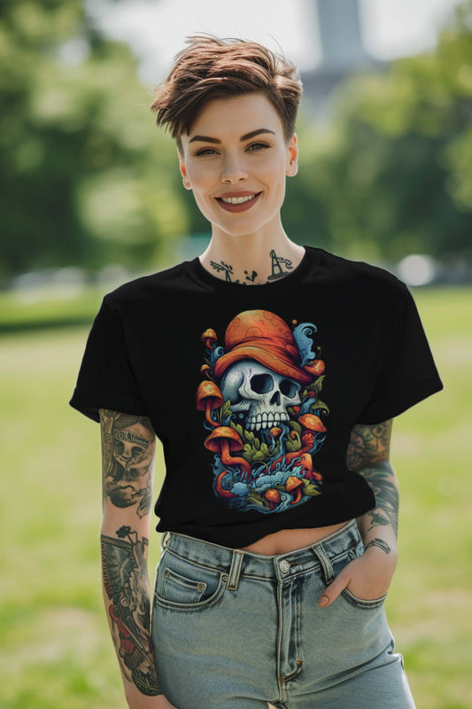 young tattooed woman wearing a black graphic t-shirt featuring a skull with a hat print