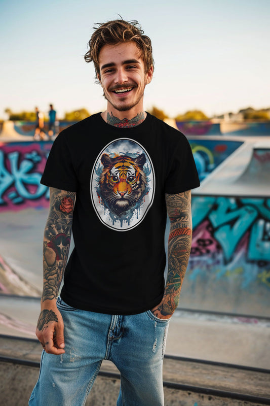 young tattooed man wearing a black graphic t-shirt featuring a Tiger print