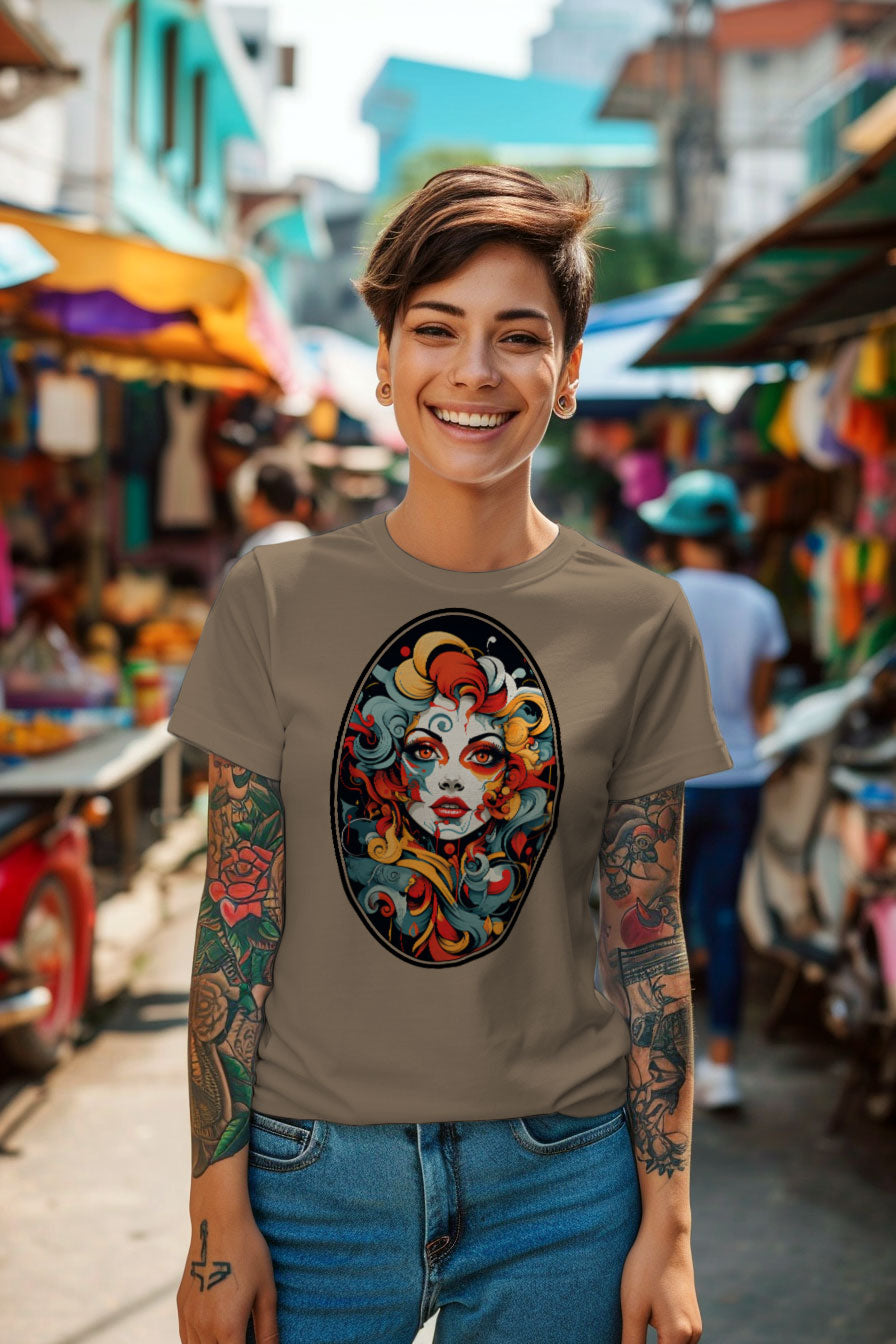 young tattooed woman wearing a sand colored graphic t-shirt featuring a Rococo style woman face with print