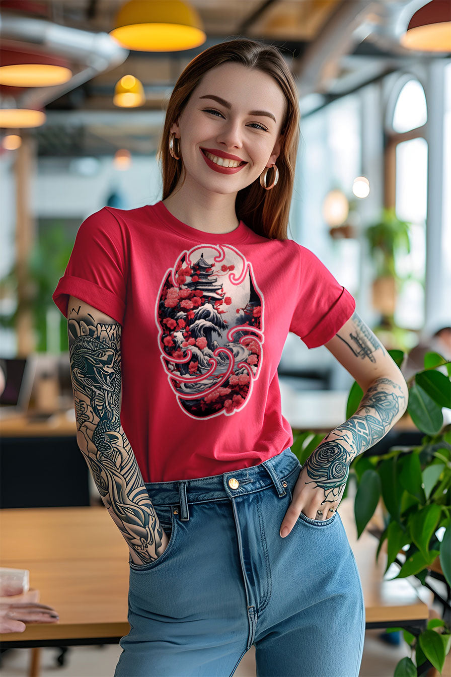 young tattooed woman wearing a red graphic t-shirt featuring a Pagoda print