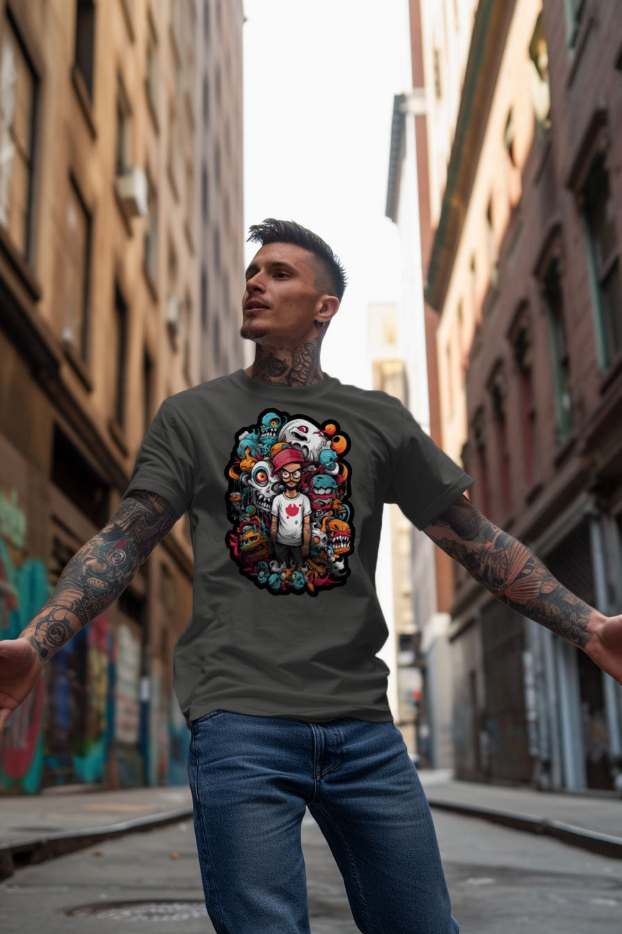young tattooed man wearing a gray graphic t-shirt featuring a young man with creatures print