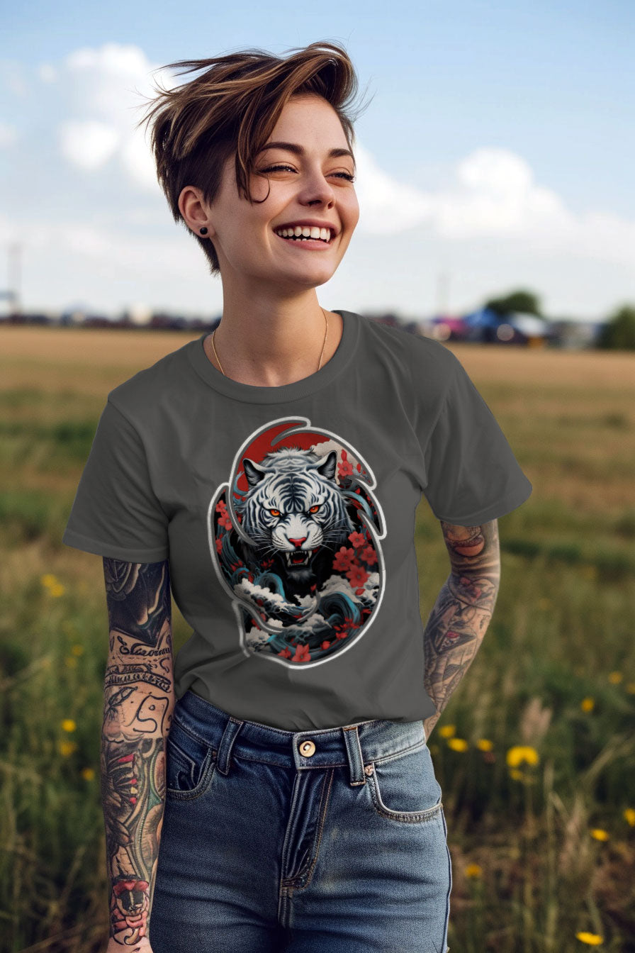 young tattooed woman wearing a gray graphic t-shirt featuring a Tiger print