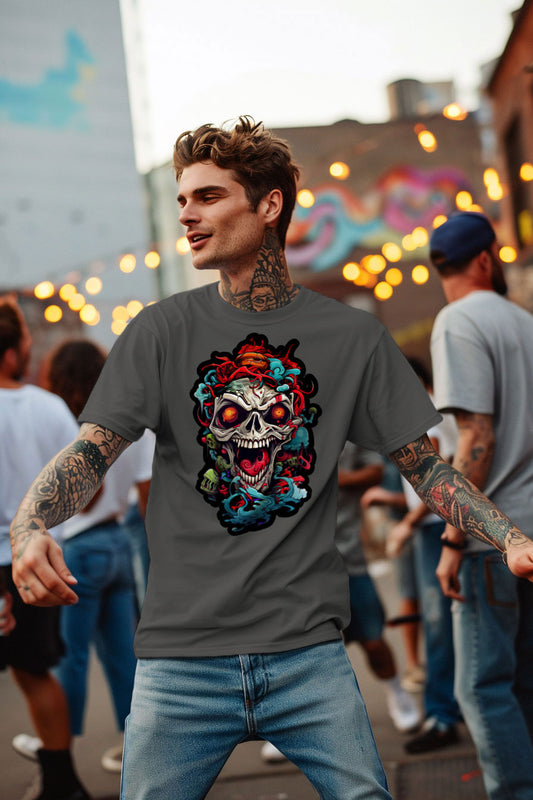 young tattooed man wearing a gray graphic t-shirt featuring a skull print
