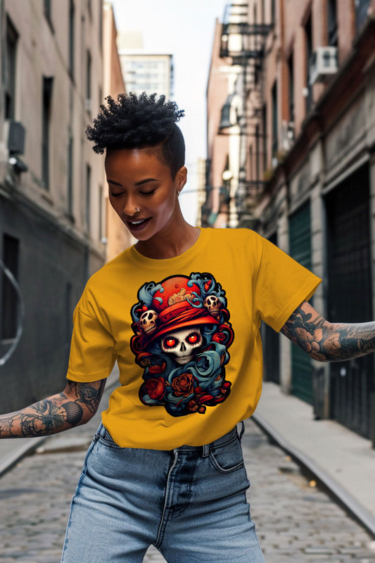 young tattooed woman wearing a yellow graphic t-shirt featuring a skull with a hat print