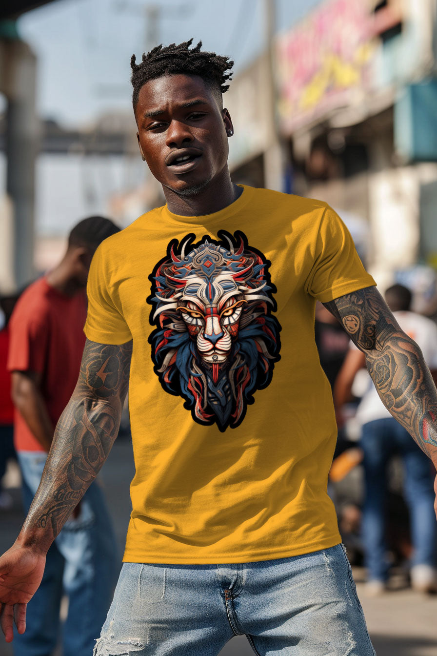 young tattooed man wearing a yellow graphic t-shirt featuring an Lion head print
