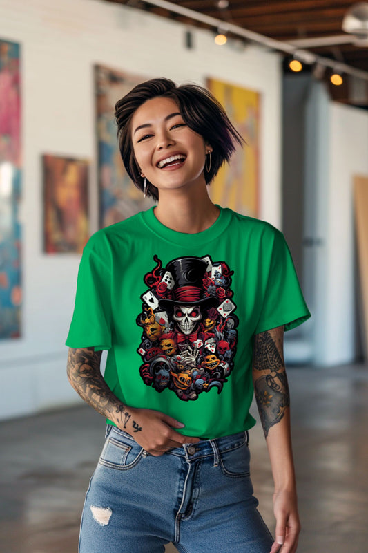 young tattooed woman wearing a green graphic t-shirt featuring a skull with a hat print