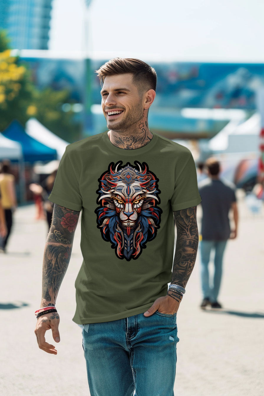 young tattooed man wearing a green graphic t-shirt featuring an Lion head print