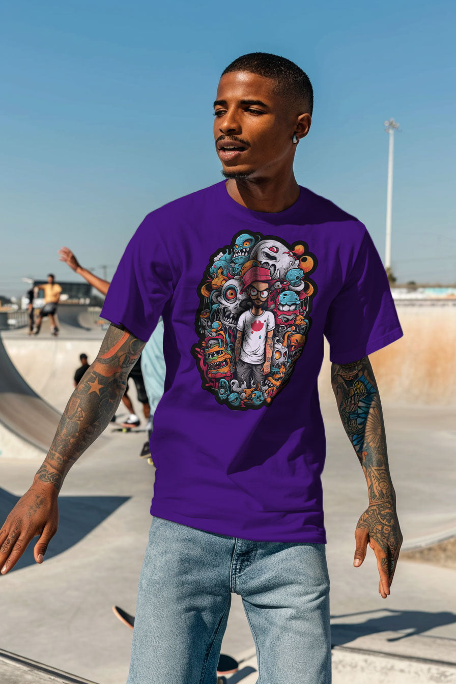 young tattooed man wearing a purple graphic t-shirt featuring a young man with creatures print