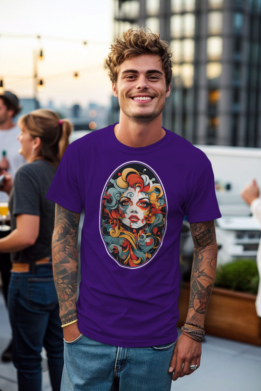 young tattooed man wearing a purple graphic t-shirt featuring a Rococo style woman face with print