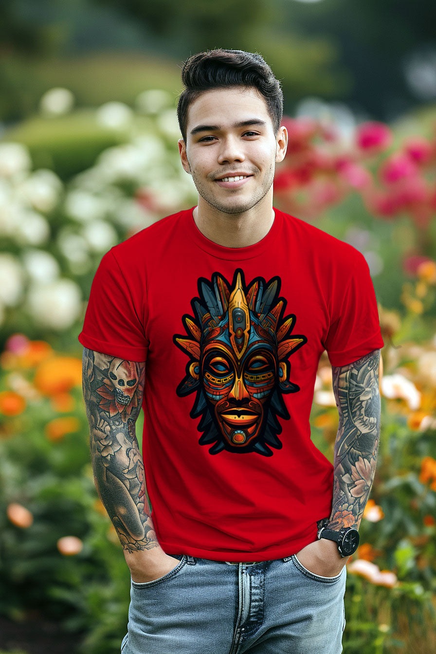 young tattooed man wearing a red graphic t-shirt featuring a Aztec mask print