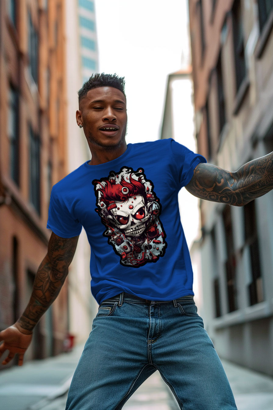 young tattooed man wearing a blue graphic t-shirt featuring a skull print