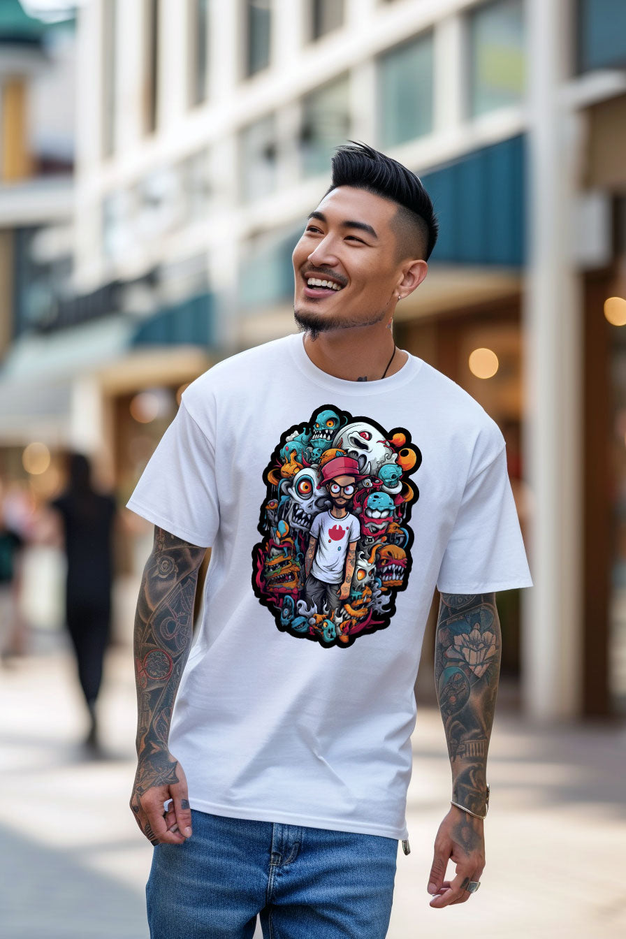 young tattooed man wearing a white graphic t-shirt featuring a young man with creatures print