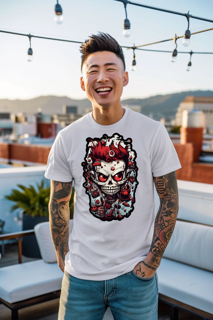 young tattooed man wearing a white graphic t-shirt featuring a skull print