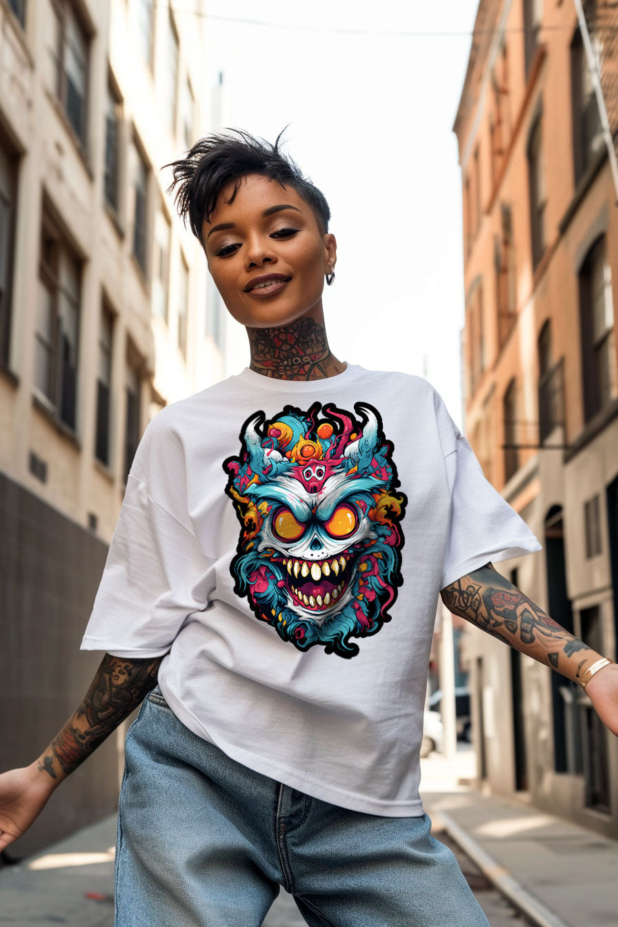 young tattooed woman wearing a white graphic t-shirt featuring a creature print