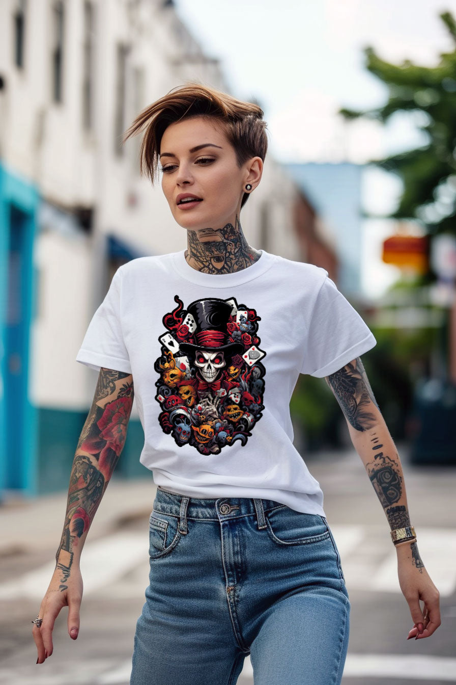 young tattooed woman wearing a white graphic t-shirt featuring a skull with a hat print