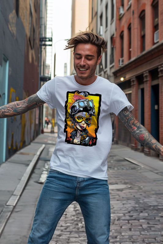 young tattooed man wearing a white graphic t-shirt featuring a Cyber-Punk woman print