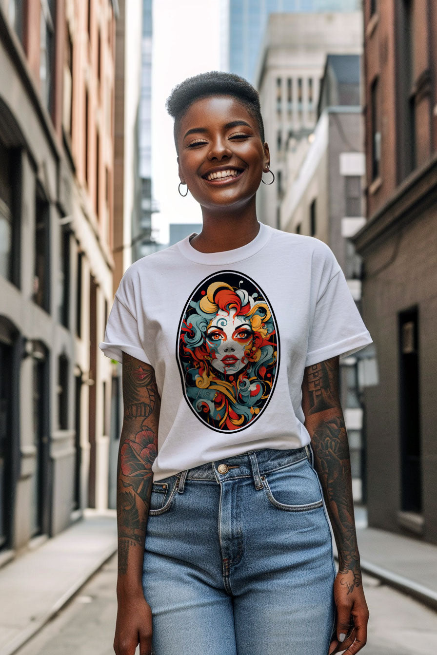 young tattooed woman wearing a white graphic t-shirt featuring a Rococo style woman face with print