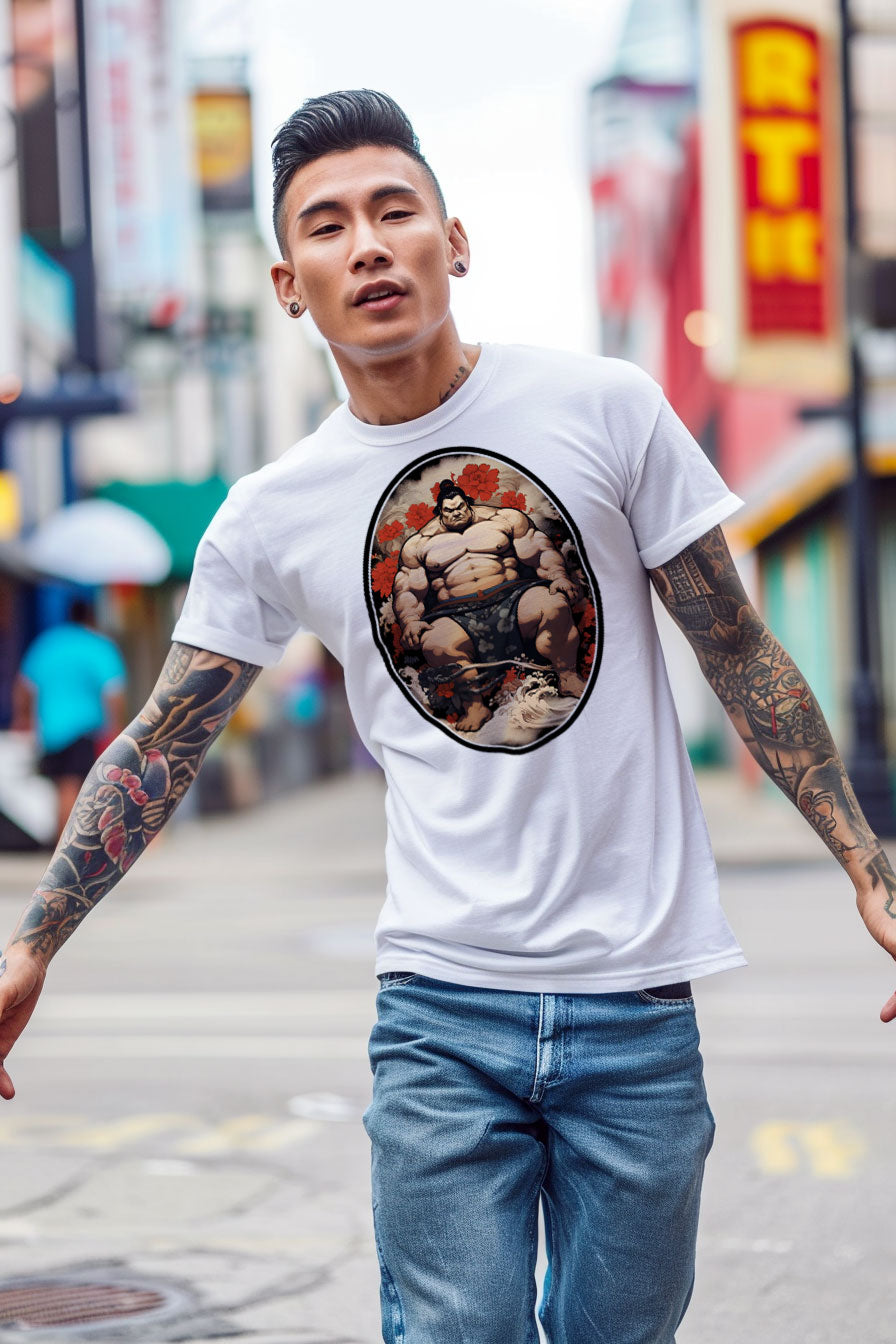 young tattooed man wearing a white graphic t-shirt featuring a Sumo fighter print