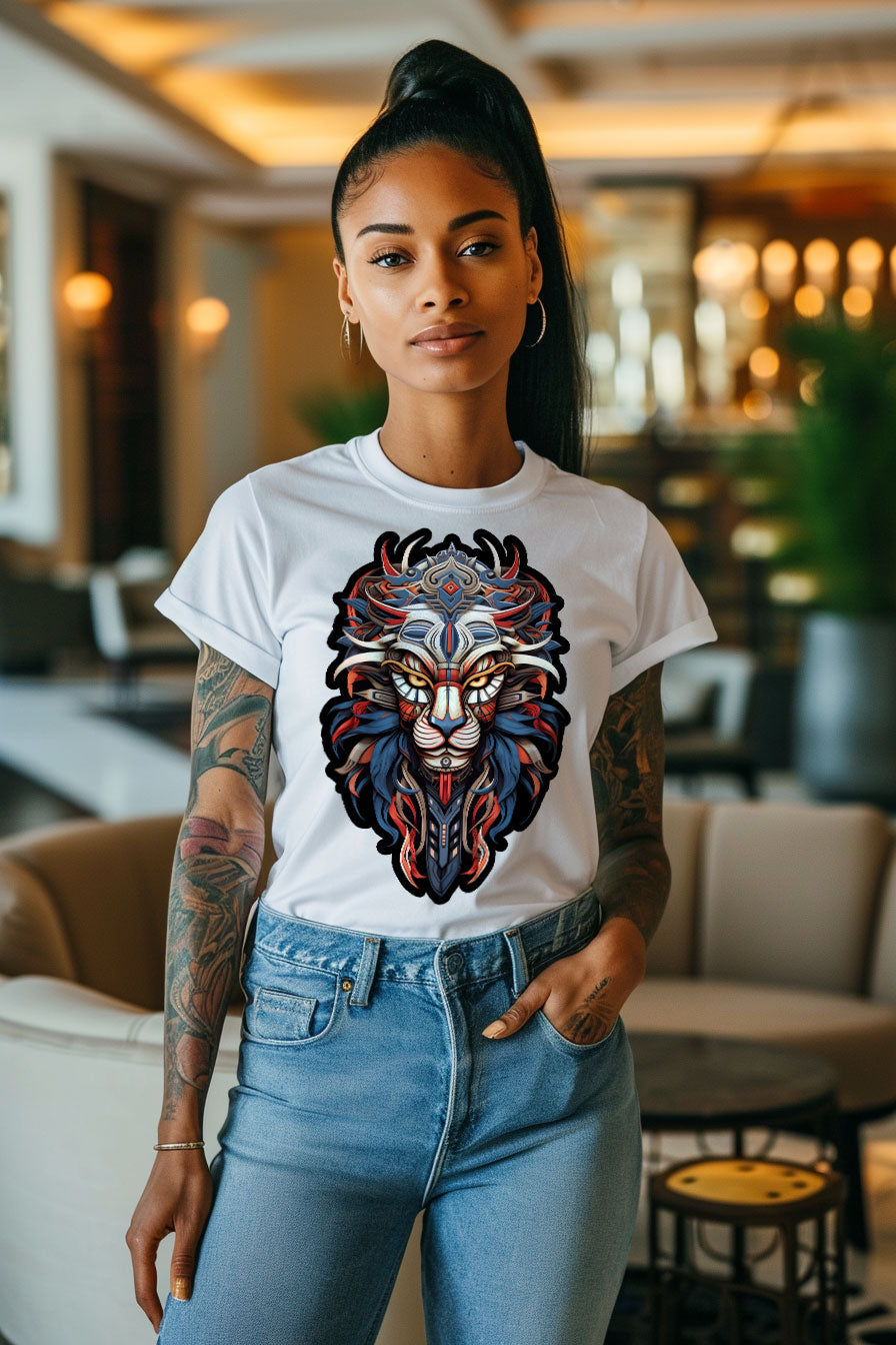young tattooed woman wearing a white graphic t-shirt featuring a Lion head print