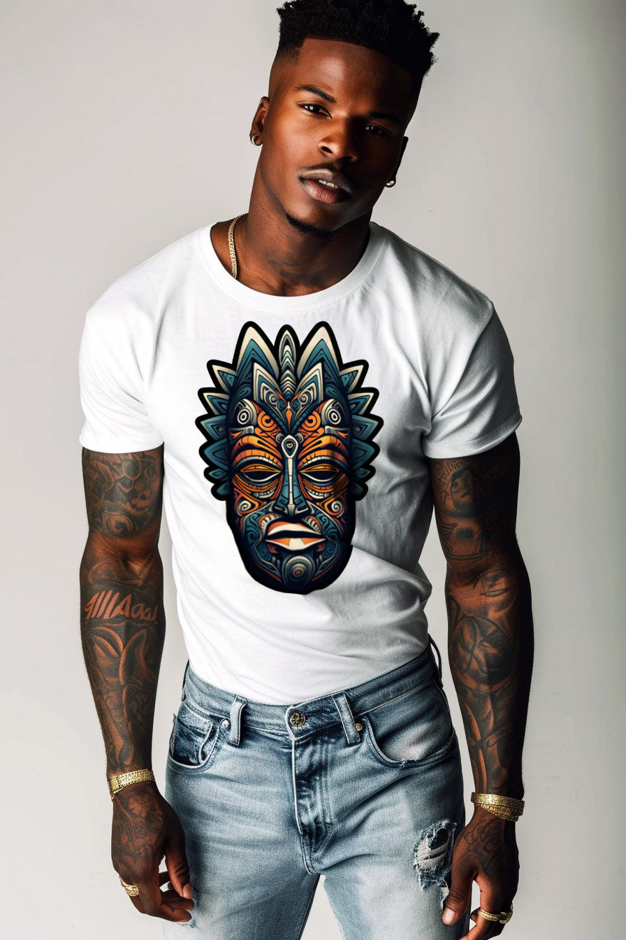 young tattooed man wearing a white graphic t-shirt featuring an African mask print