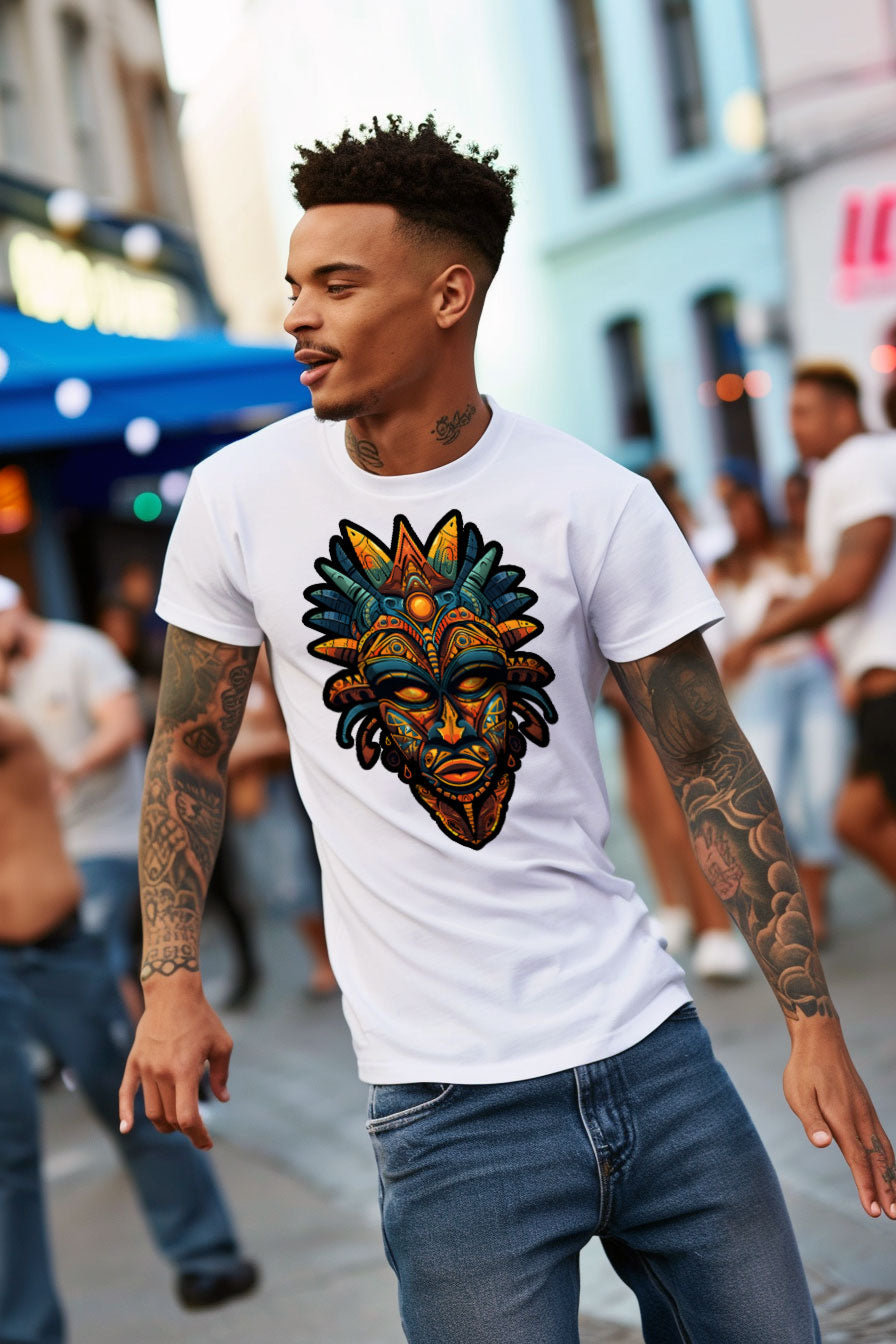 young tattooed man wearing a white graphic t-shirt featuring a Aztec mask print
