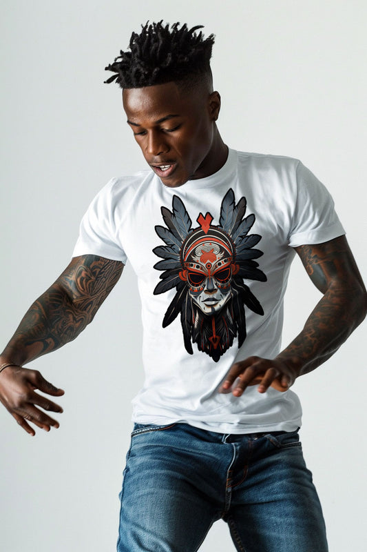 young tattooed man wearing a white graphic t-shirt featuring a native Indian print