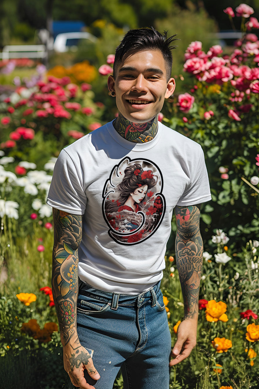 young tattooed man wearing a white graphic t-shirt featuring a Geisha print
