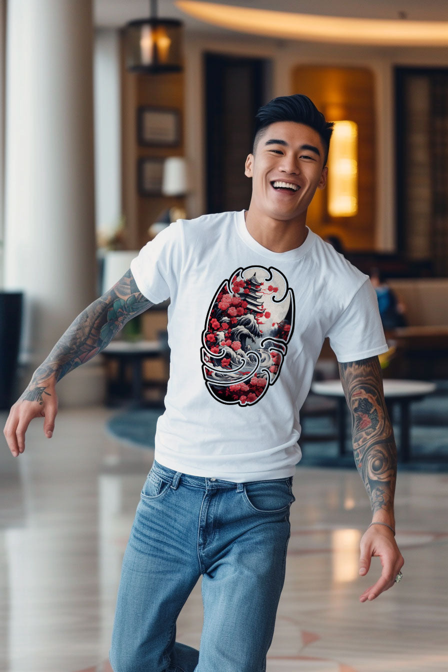 young tattooed man wearing a white graphic t-shirt featuring a Pagoda print