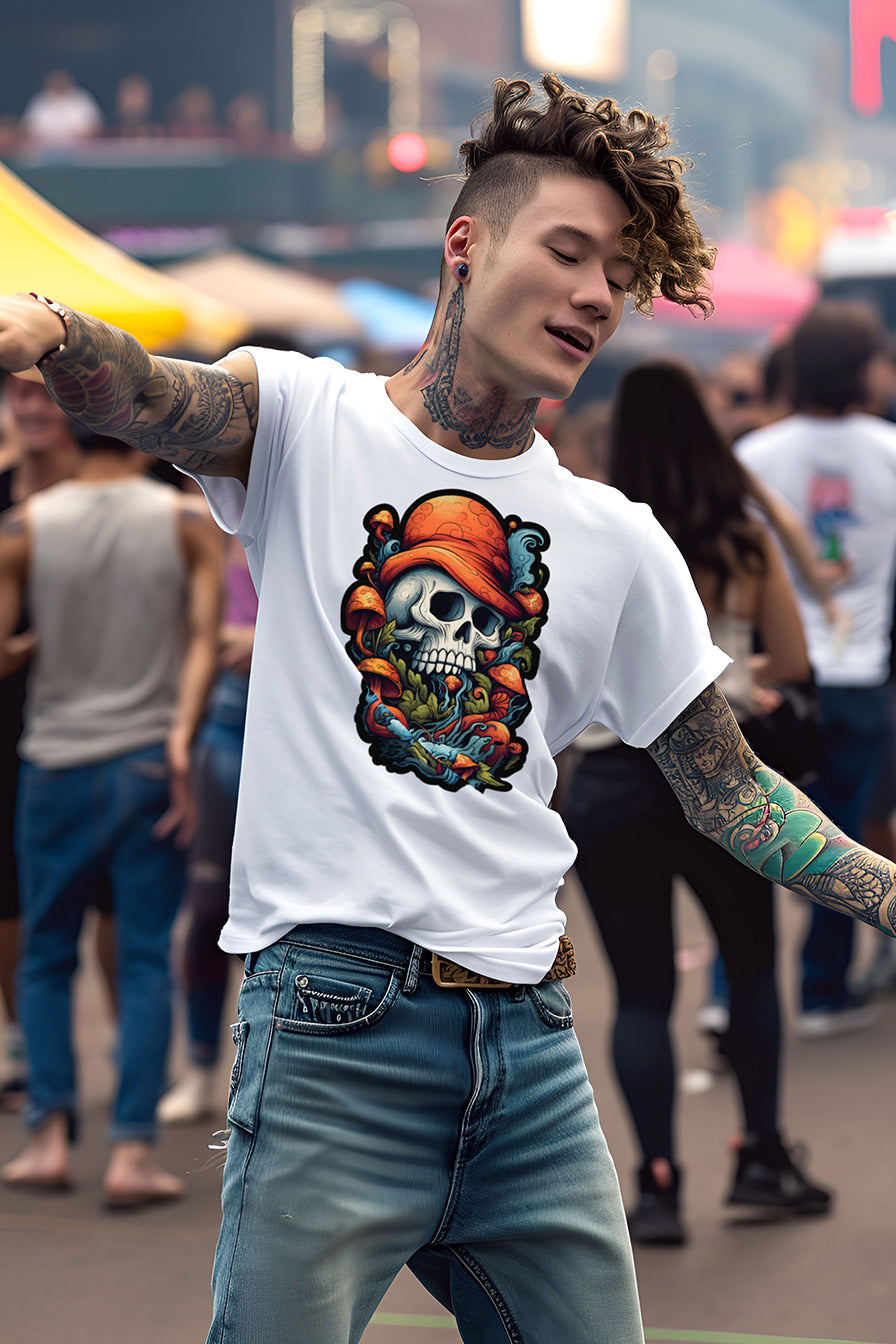 young tattooed man wearing a white graphic t-shirt featuring a skull with a hat print